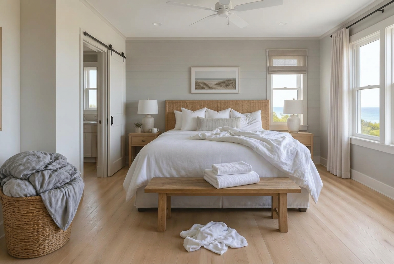 The same bedroom flagged as not ready: the duvet pulled back on one corner and a bath towel left on the floor