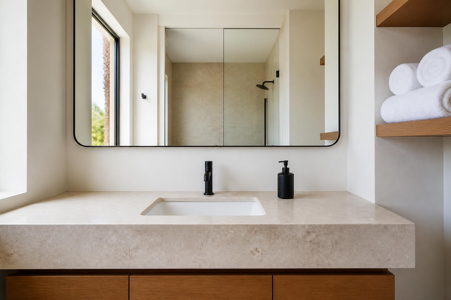 Bathroom vanity with a clean stone counter, black faucet, a bare counter holding only a soap dispenser, and rolled towels on a shelf