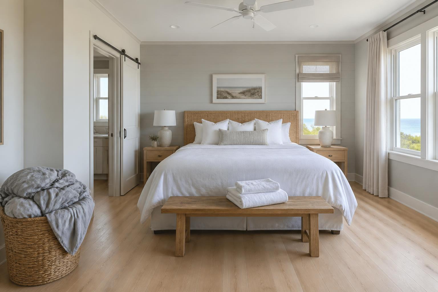 A bedroom that passed every check: bed made, towels squared on the bench, nothing out of place