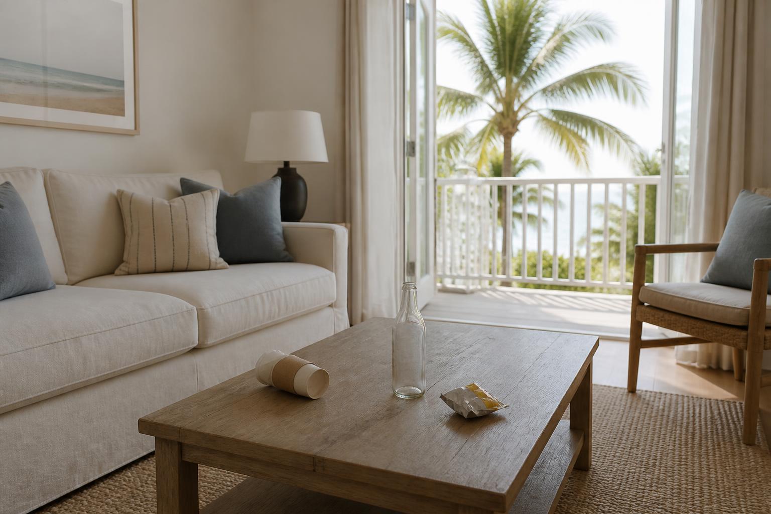 Coastal rental living room with a linen sofa and a coffee table holding a paper cup, empty bottle and snack wrapper left behind